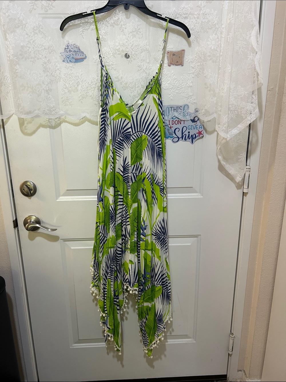 Joan Vass Green, Navy and White Strapless Tropical Print Dress